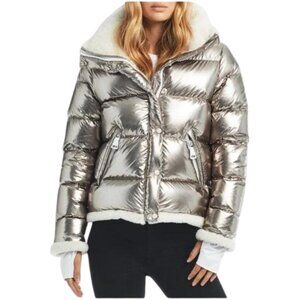NWT SAM. New York Gigi Down Puffer Jacket Sherpa Silver Gunmetal Size XS
